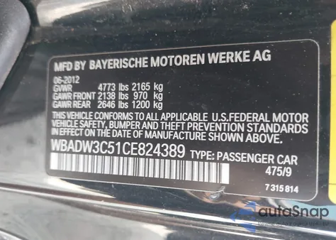 2012 BMW 328I from USA, damaged, VIN WBADW3C51CE824389